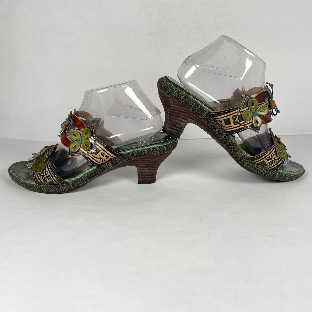 Spring Step Savory Shoes Womens Size 41 Green Leather Slide Heels Floral Slip On - Picture 6 of 10